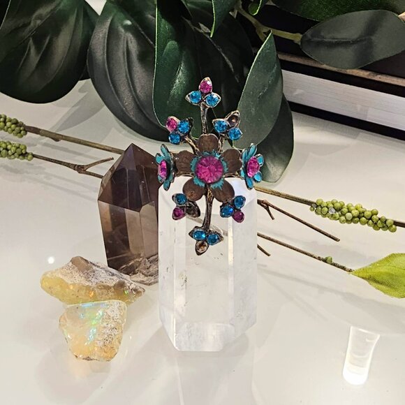 Vintage Michal Negrin Swarovski Teal Floral RIng - Picture 7 of 7